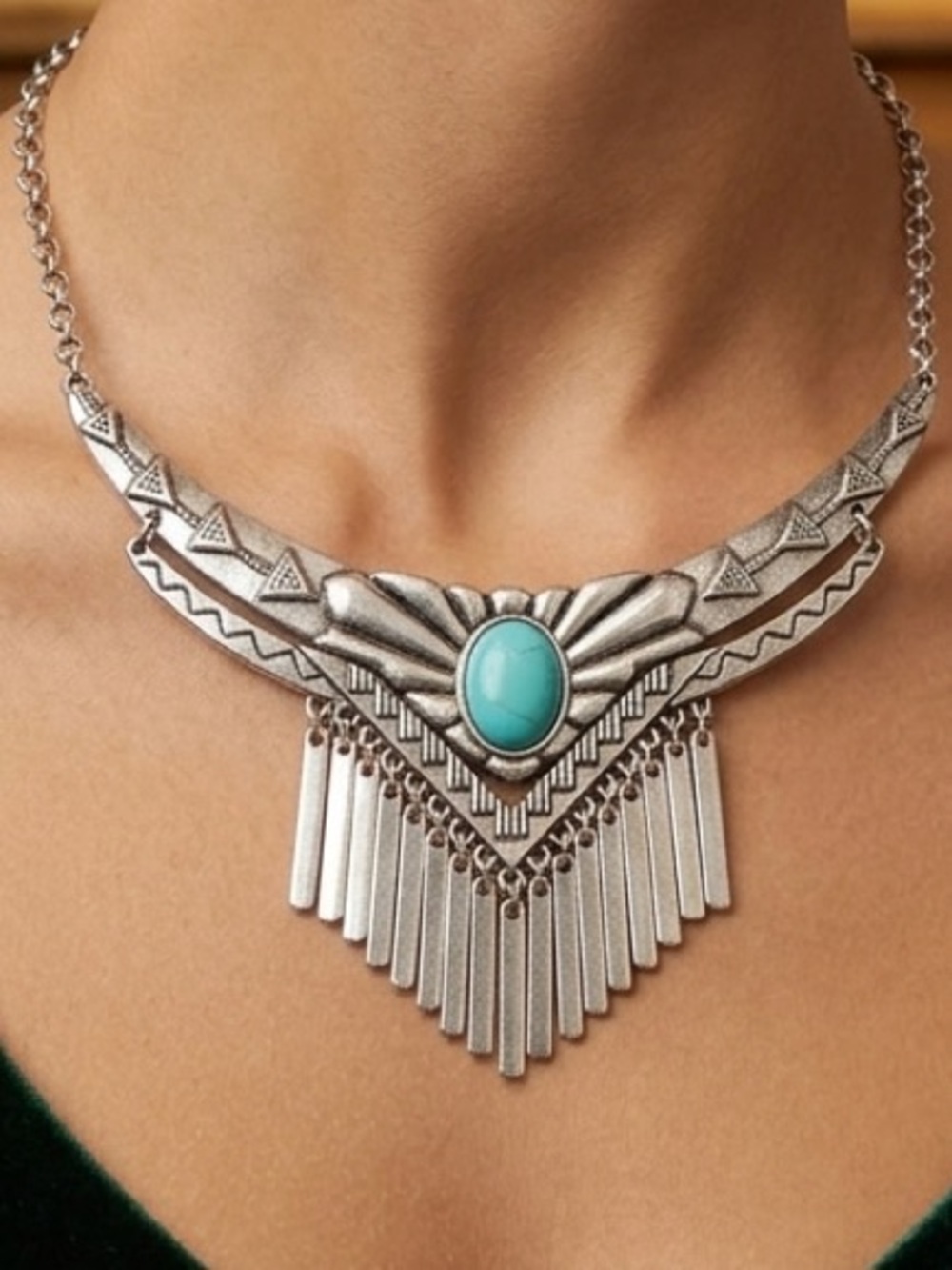 Vintage Southwestern Tribal Fringe Statement Bib Necklace